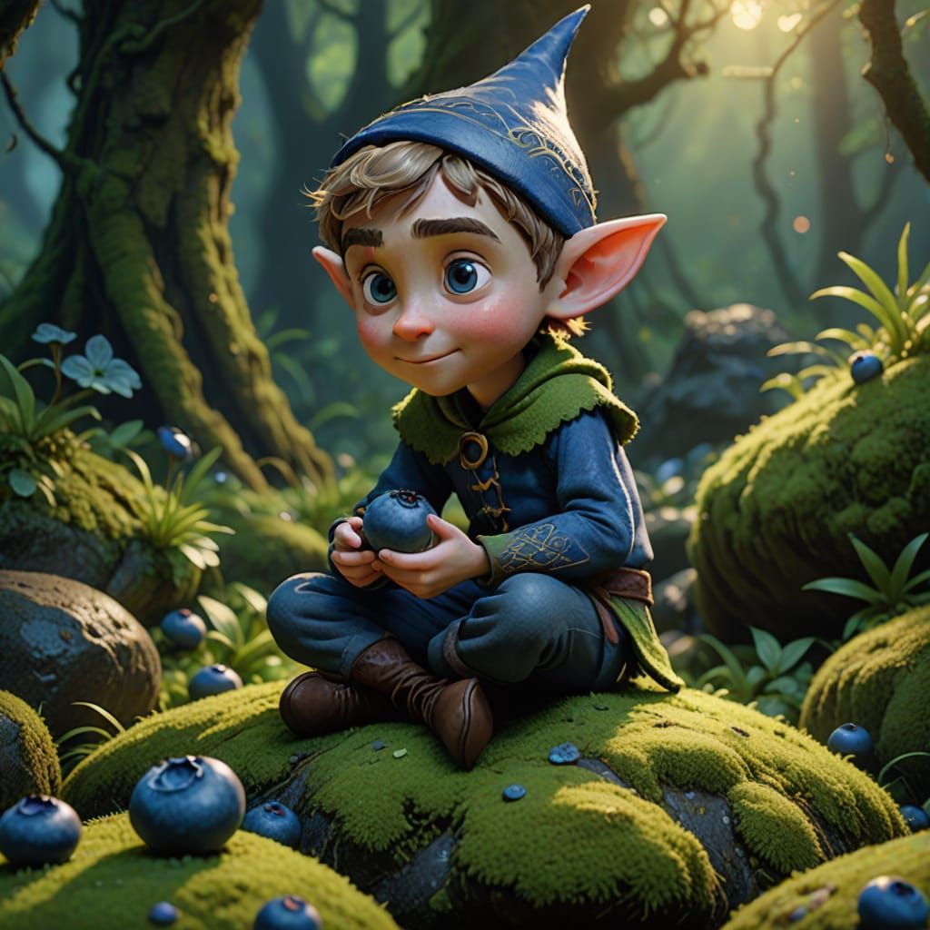 Whimsical Elf on Mossy Stone Holding Shimmering Blueberry in...