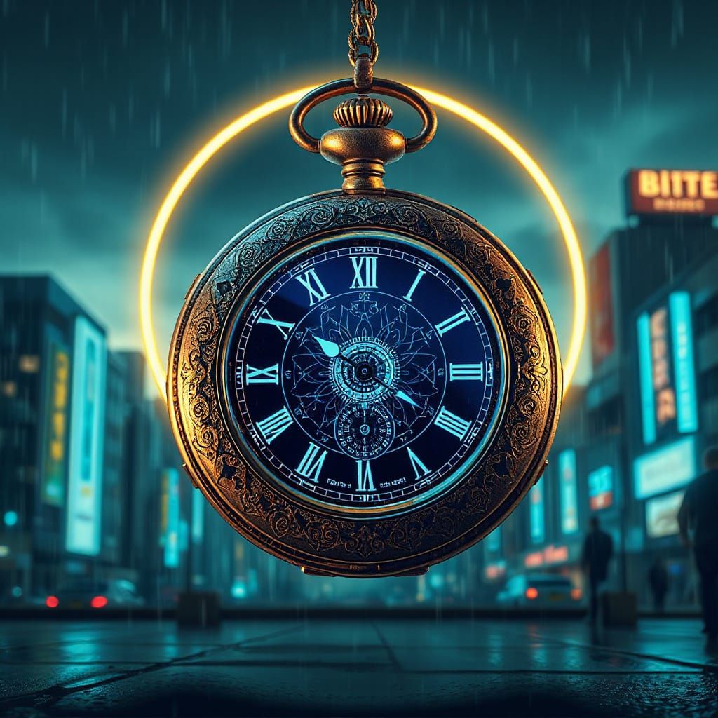 Retro-Futuristic Metallic Pocket Watch in a Neon Cityscape