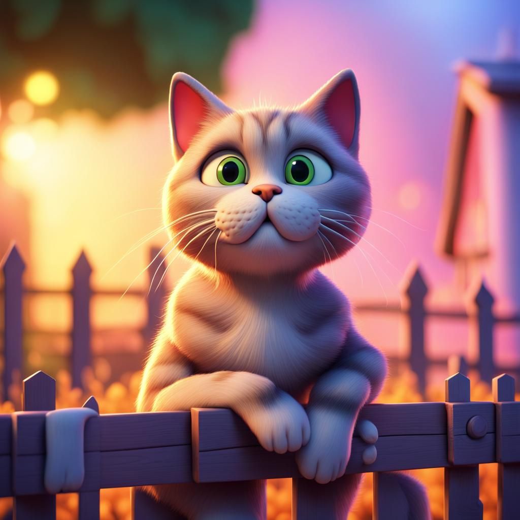 Cat on Fence: Pixar-Style 3D Digital Art
