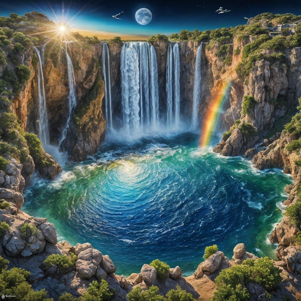 Cascading Waterfalls Converge in Hyperrealistic Digital Art