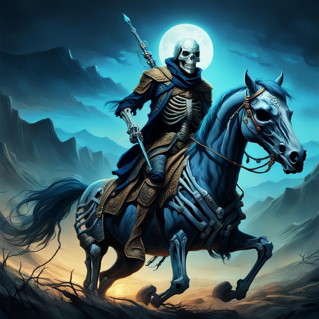Skeleton Hunter Rides Horse in Fantasy Art