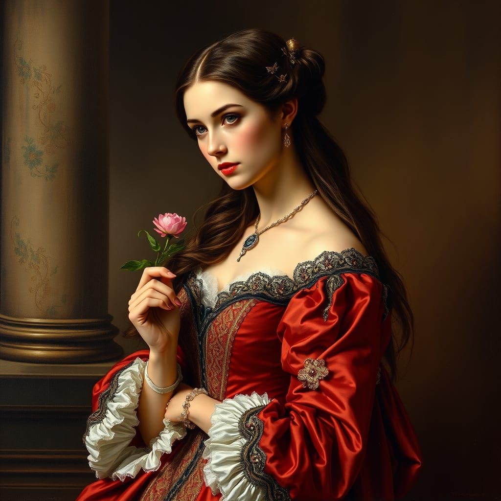 Victorian Woman in Red and Gold Gown