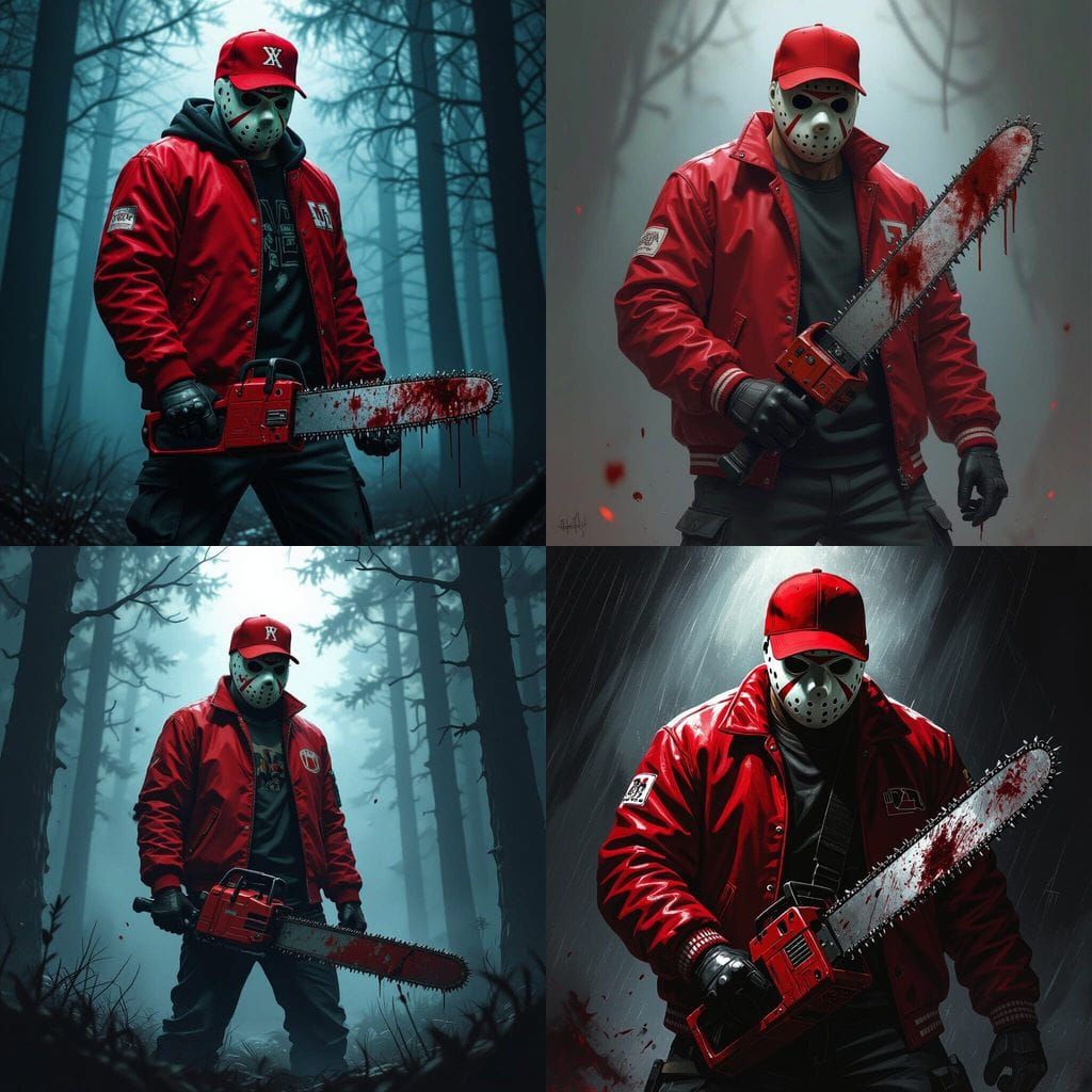 Jason Voorhees in Red Varsity Jacket with Chainsaw