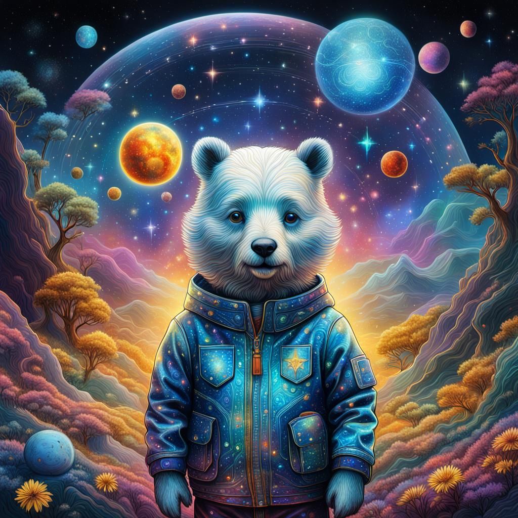 Astral Rupert Bear: Cosmic Mixed Media Illustration