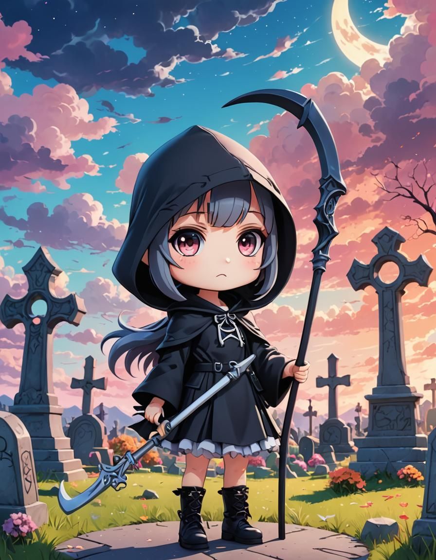 Chibi Anime Girl as Grim Reaper in Graveyard