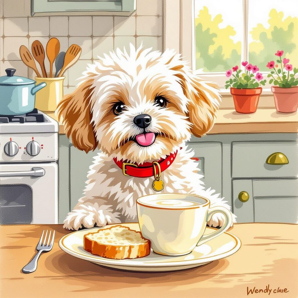 The little dog licks milk from the cup next to the food plate.