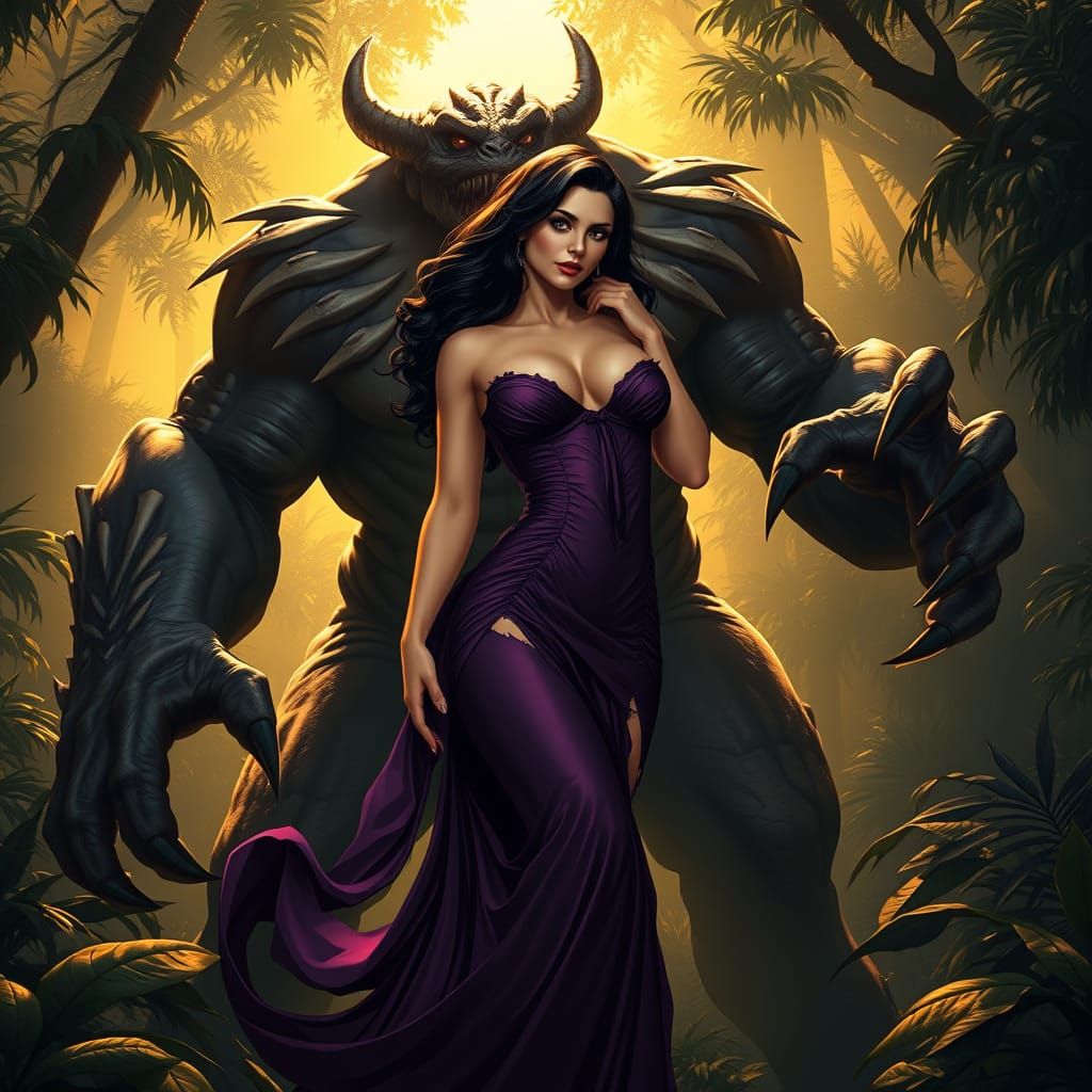 Sultry Jungle Goddess in Mythical Creature's Arms, in a Retr...