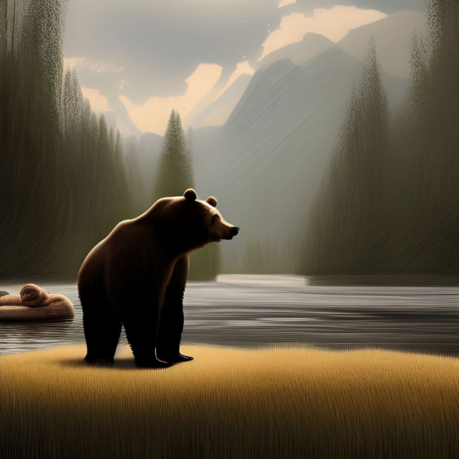 Bear by River: Surreal Hyperrealistic Painting