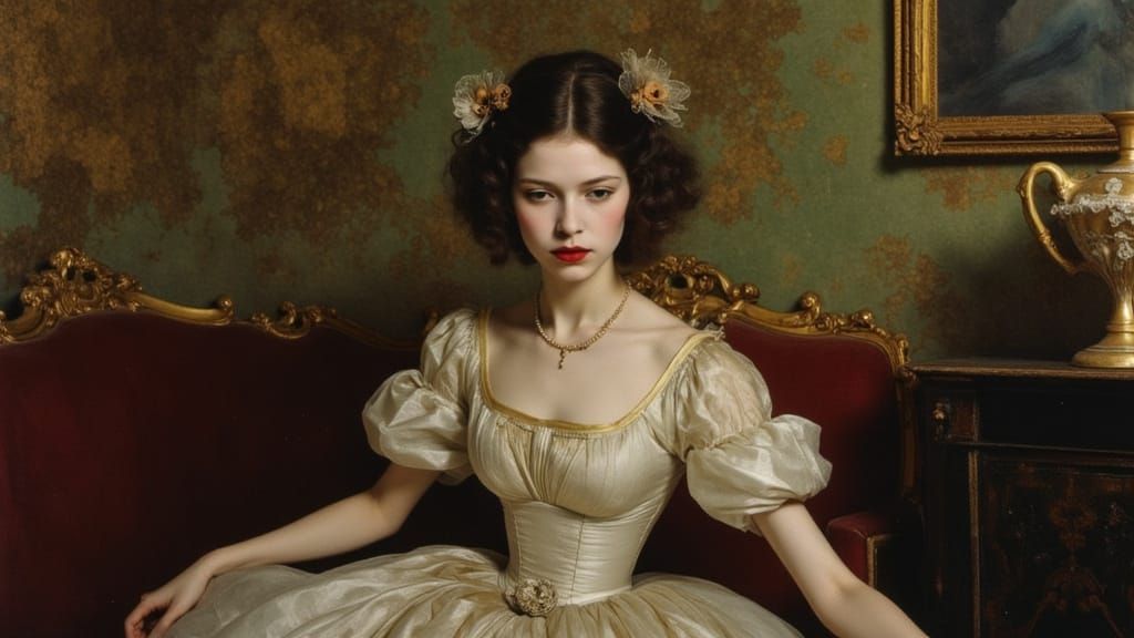 Elegant Lady in Ornate Room, Oil Painting Style