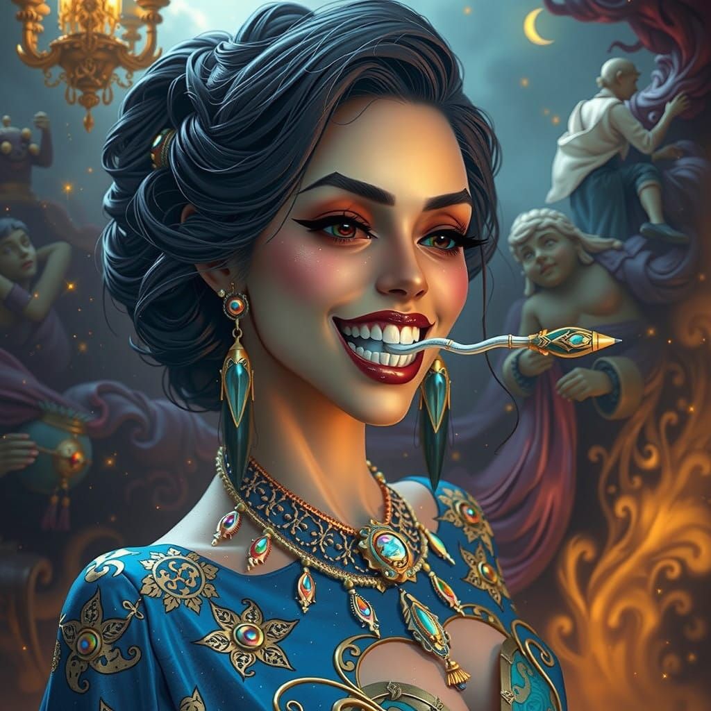 Whimsical Mid-Conversation Portrait in a Starry Night Sky