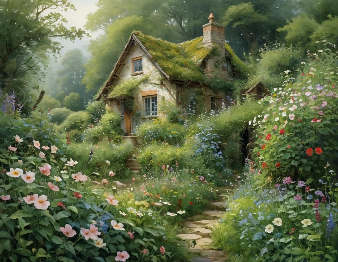 Bird Singing in Intricate Cottage Garden