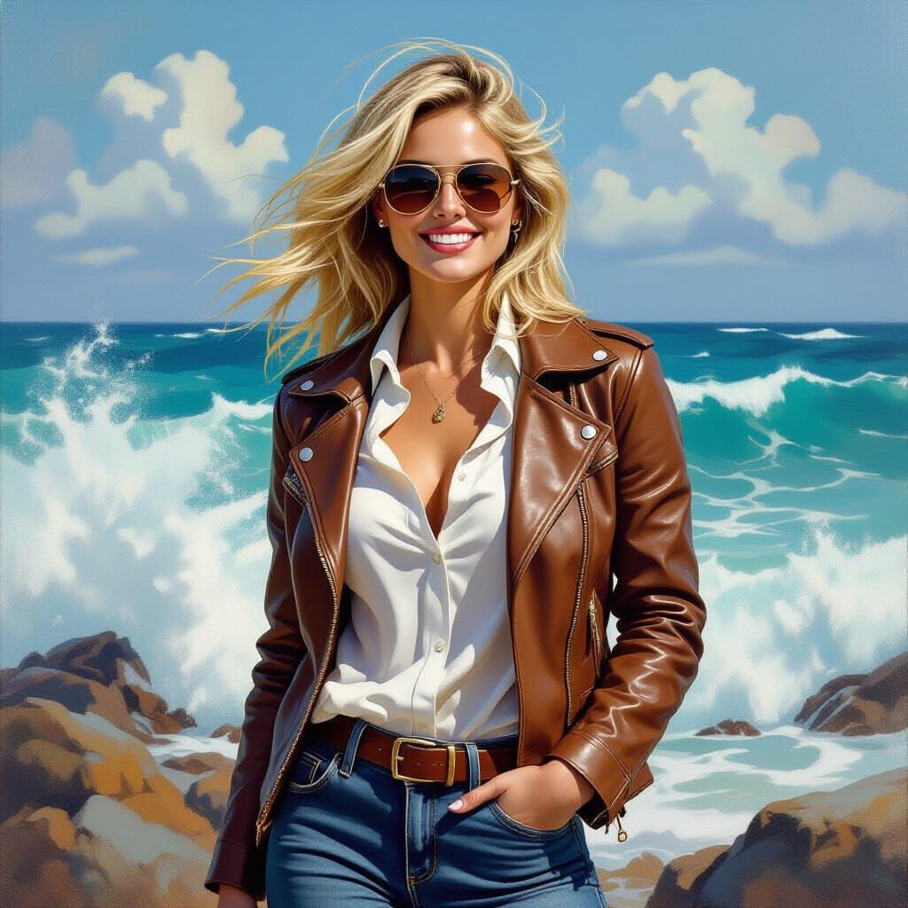 Woman in Bomber Jacket at Stormy Coast, Oil Painting