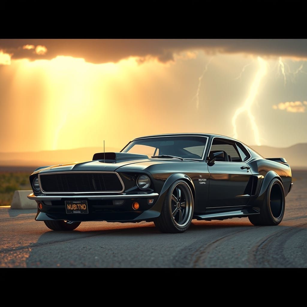 Black Mustang Hot Rod in Post-Apocalyptic Landscape