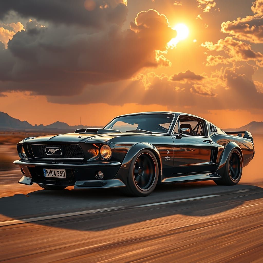 Apocalyptic Mustang Hot Rod in Hyperrealistic Style