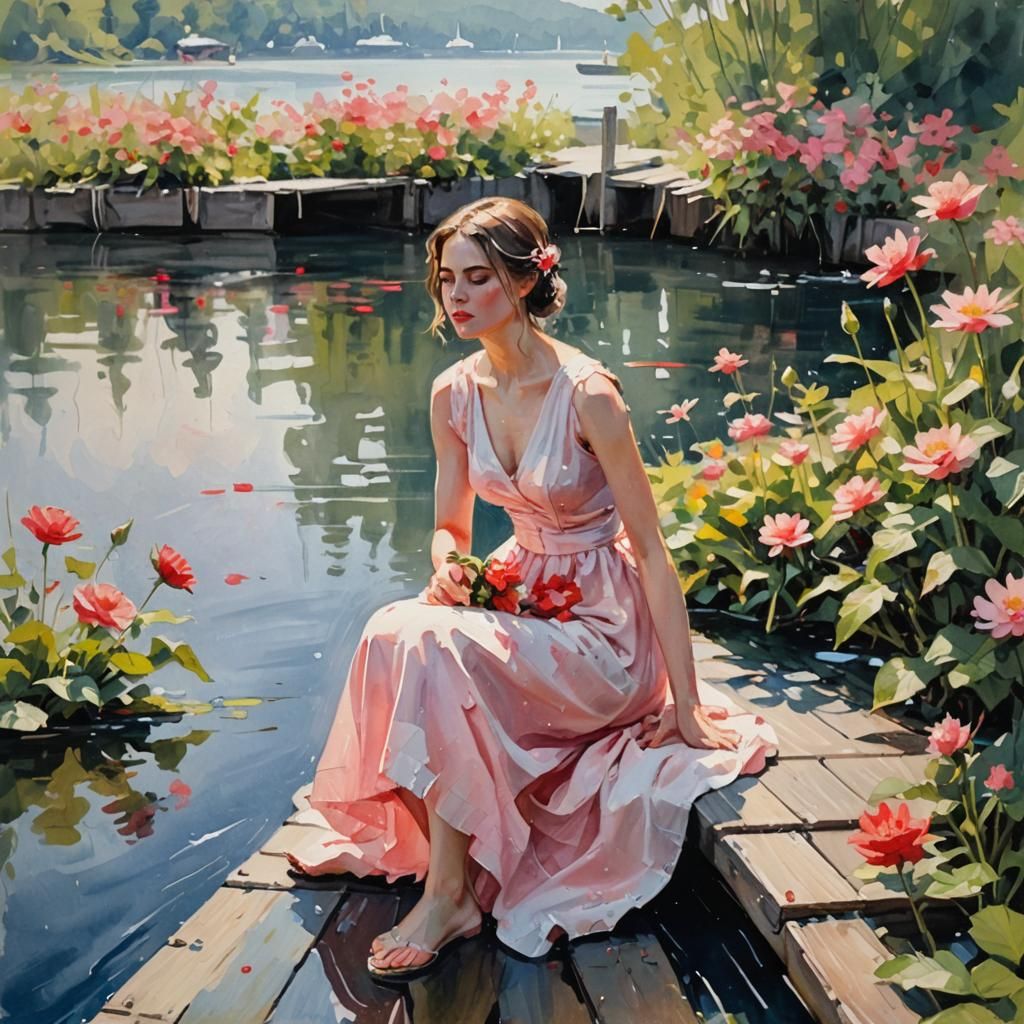 Impressionist Gouache Masterpiece of Woman with Flower