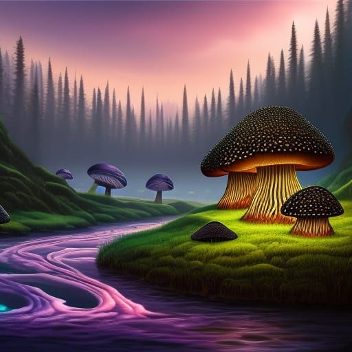 Bioluminescent Mushroom Forest Digital Painting