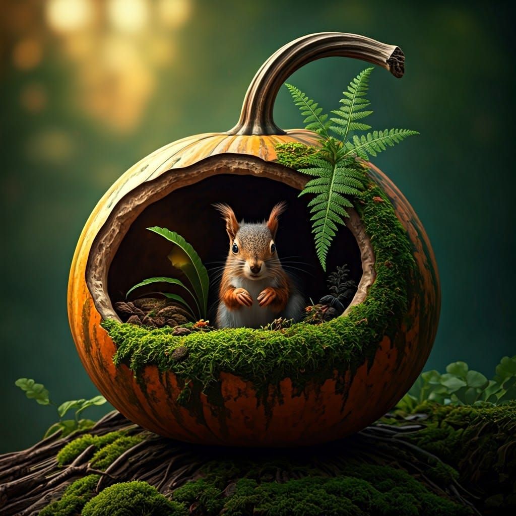 Cozy Squirrel Home Inside Gourd in Hyperrealism