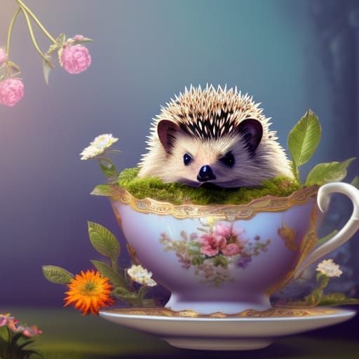 Hedgehog in Teacup: Detailed Fantasy Art