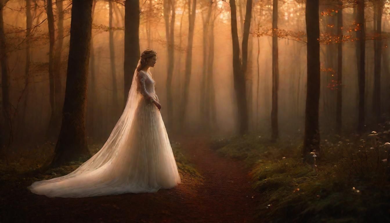 Ethereal Woman in Misty Forest at Sunset