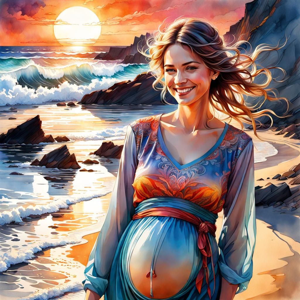 Pregnant Woman Smiling on the Beach in Anime Style