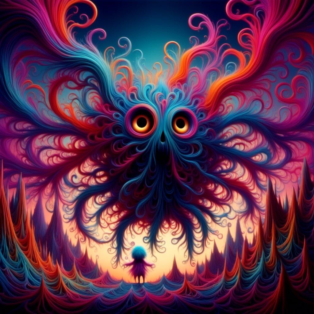 Surreal Landscape with Elastic Flora and Sad Monster