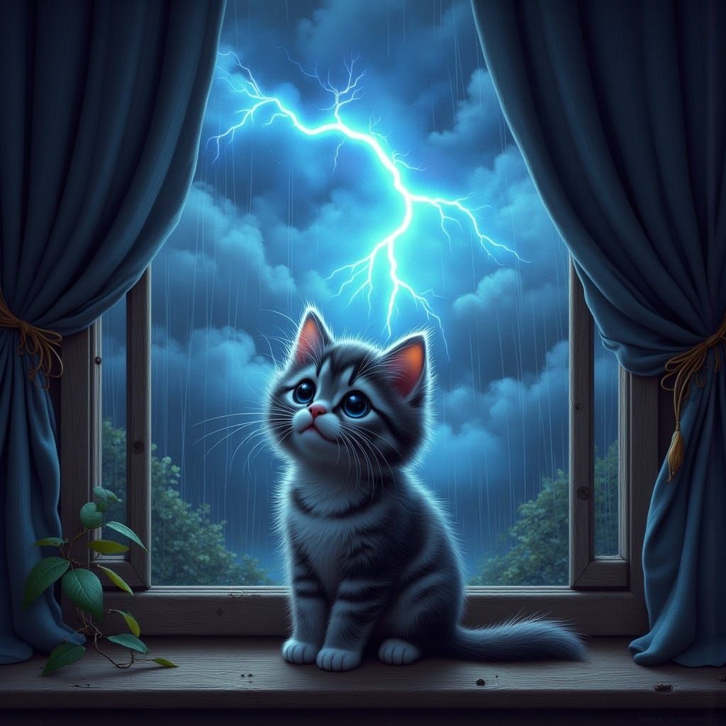 Kitten Watches Mystical Storm in Digital Matte Painting