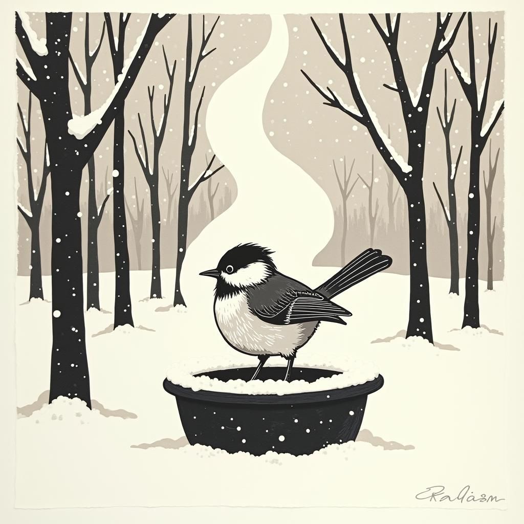 proud Chickadee in a steaming bird bath. snow scene. woodcut, linocut, etching, relief print, minimalist, bold lines