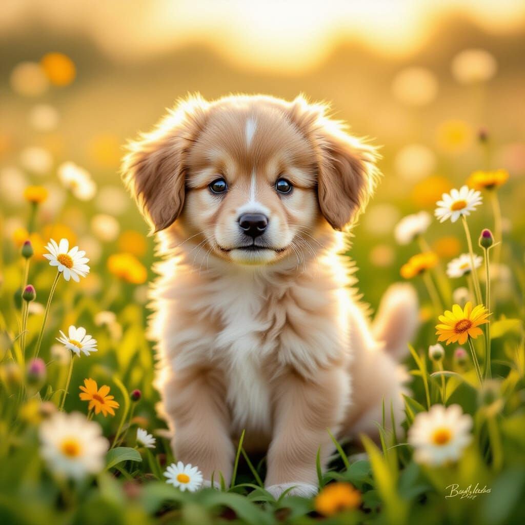 Adorable Fluffy Puppy in Wildflower Meadow