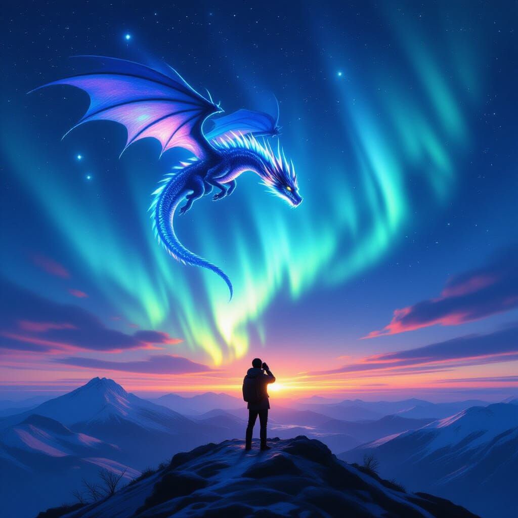 Celestial Dragon Soaring Under Aurora, Digital Painting