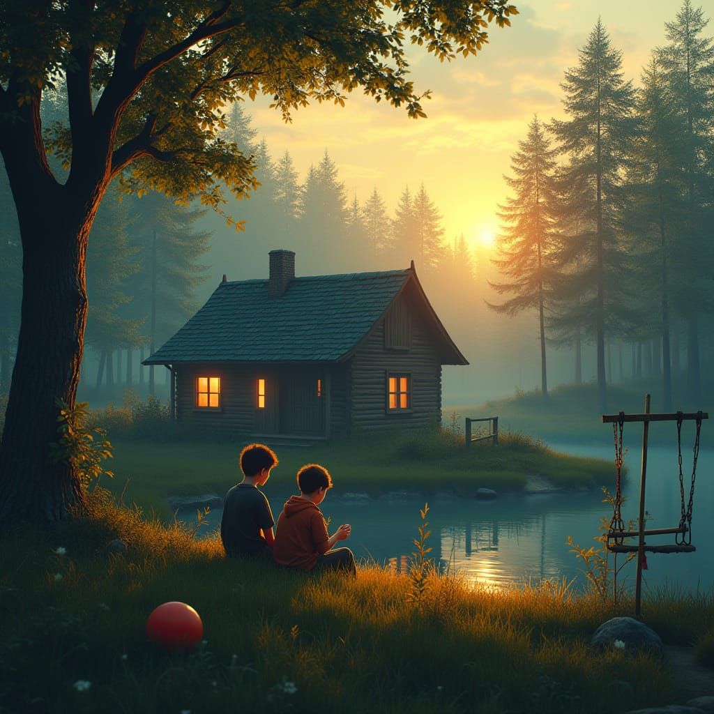 Mysterious Evening Scene in a Rustic Forest