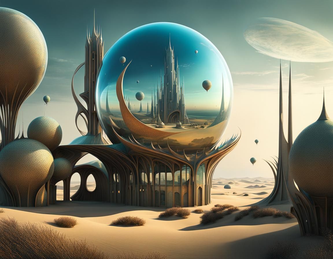 Glass Orb in Surreal Dreamscape with Impossible Buildings