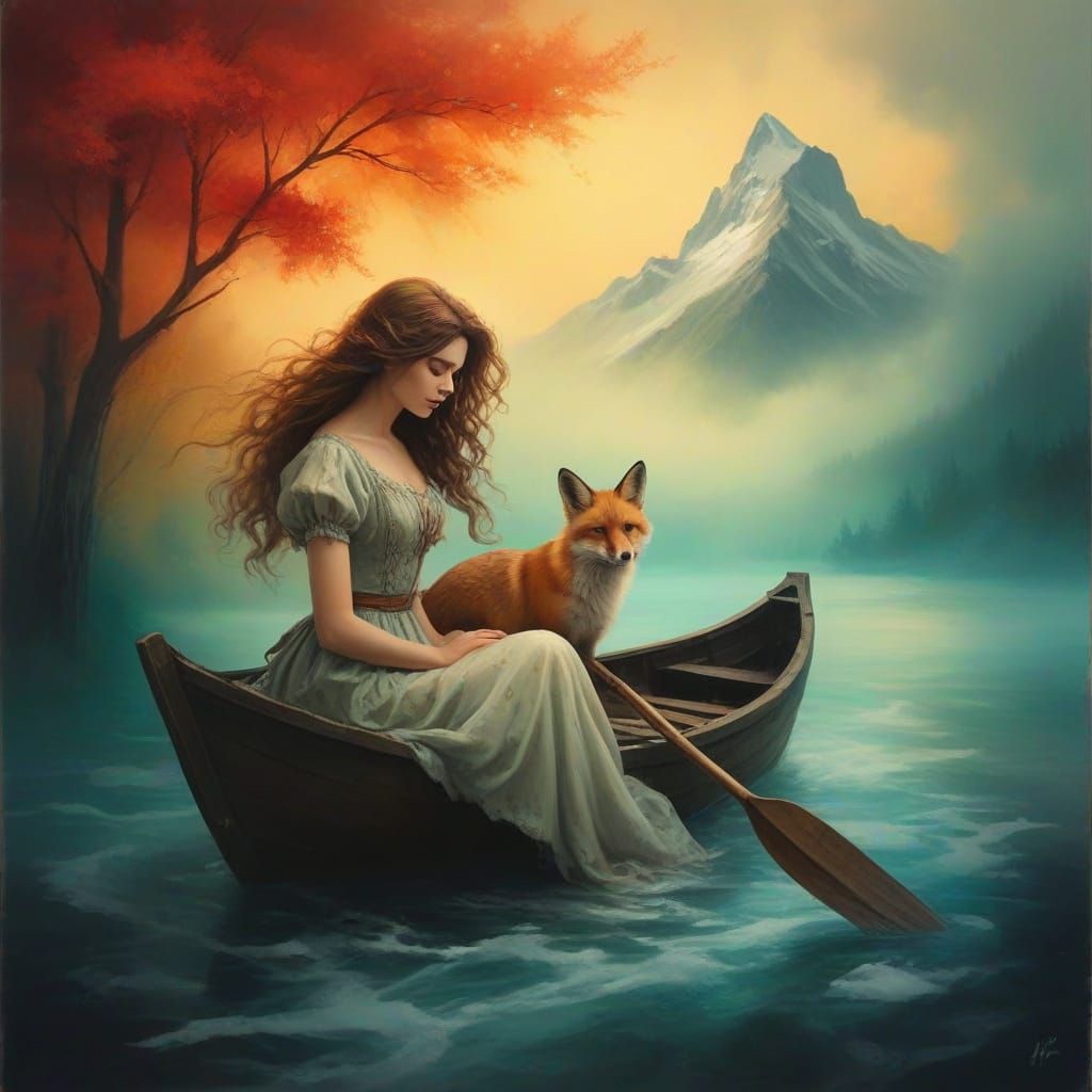 Ethereal Woman and Fox in Vibrant Rowboat Scene