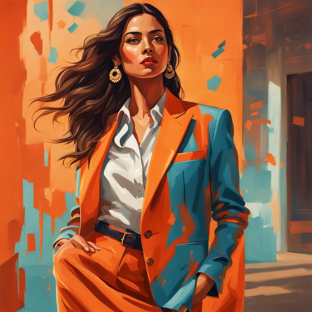 Glamorous Latina Woman in Orange Suit: Hyperrealistic Art