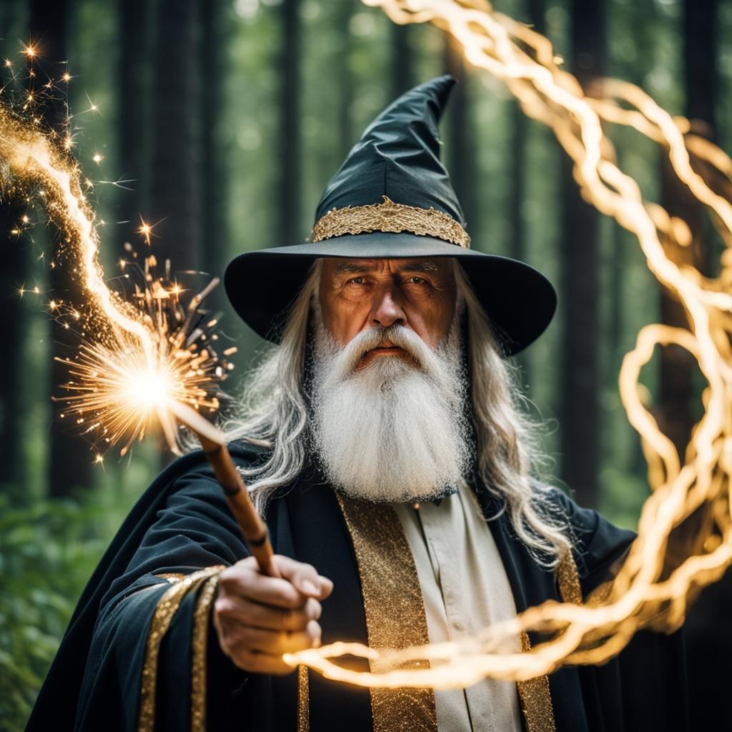 Wizard Shooting Golden Spark in Dark Forest