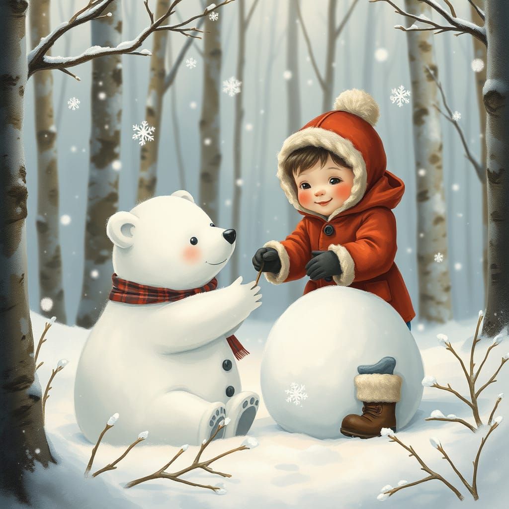 Child and Bear Cub Building Snowman, Storybook Illustration