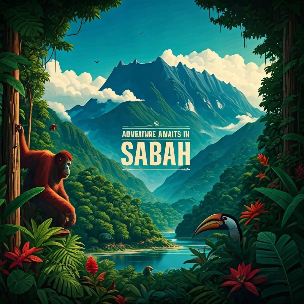 Vintage Travel Poster: Adventure in Sabah, Borneo