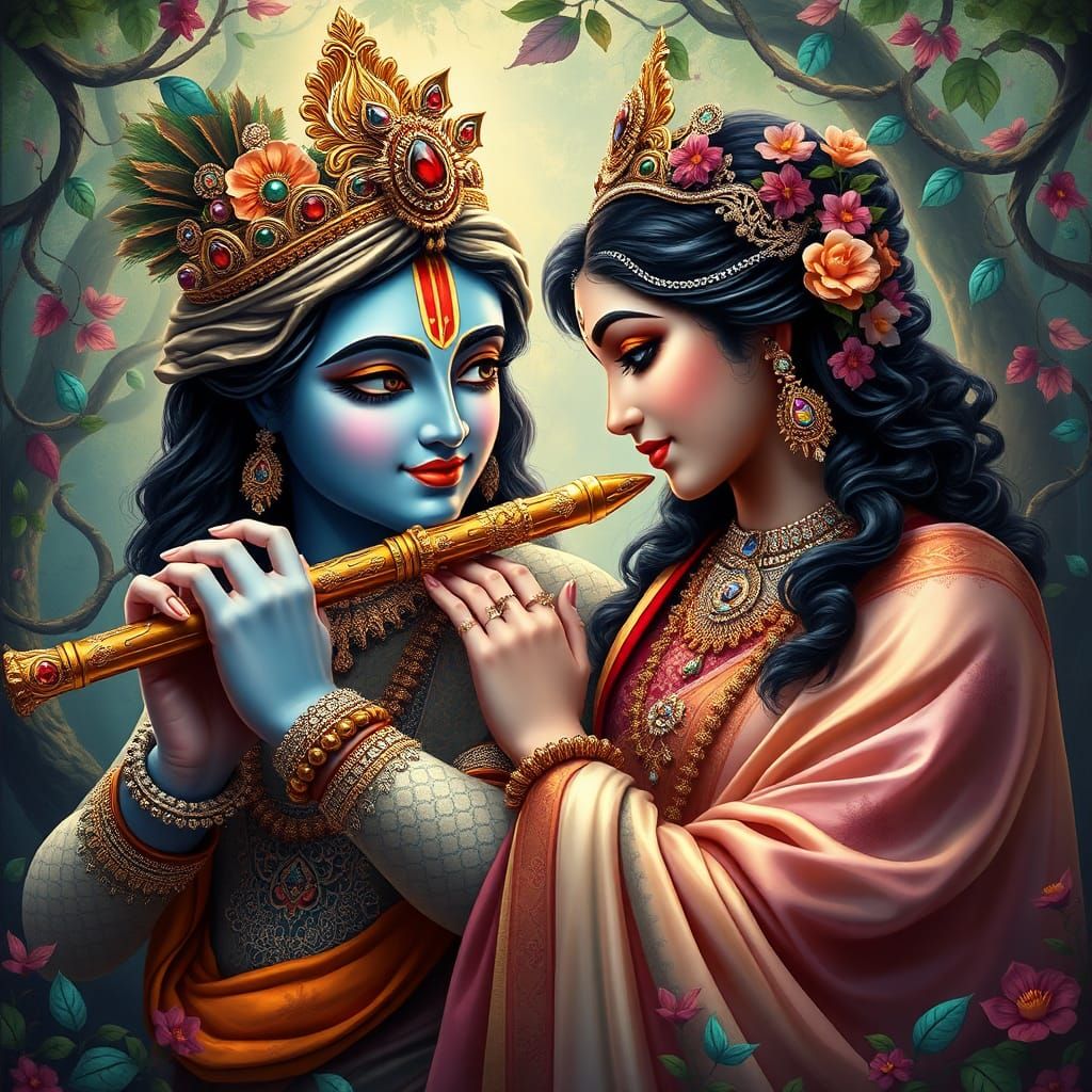 Krishna and Radha in Enchanted Forest, Fantasy Art