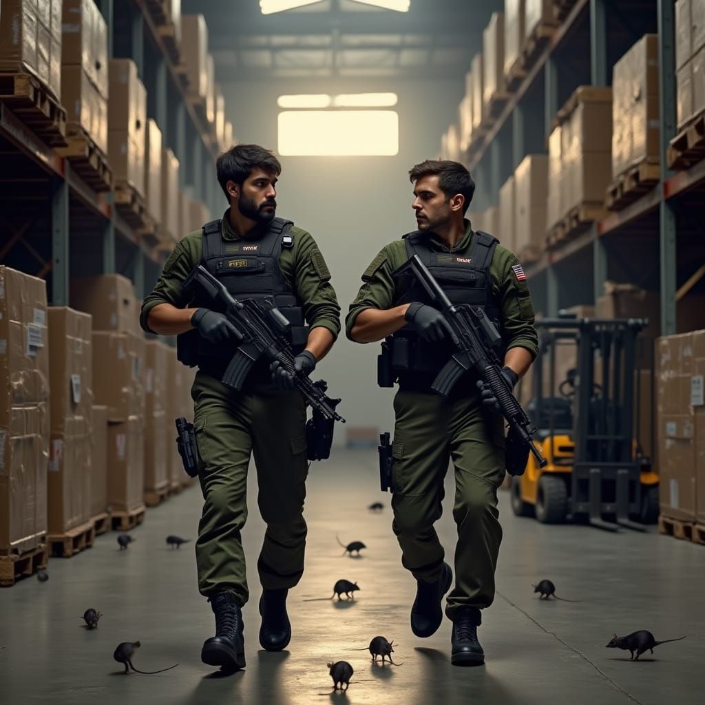 SWAT Team Members Patrol Warehouse with Assault Weapons