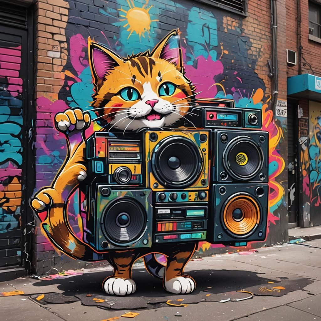 Cartoon Cat with Boombox in Street Art Style