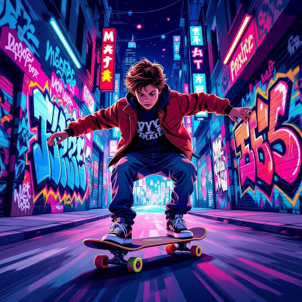 Teen Skateboarder in Neon Graffiti Alley