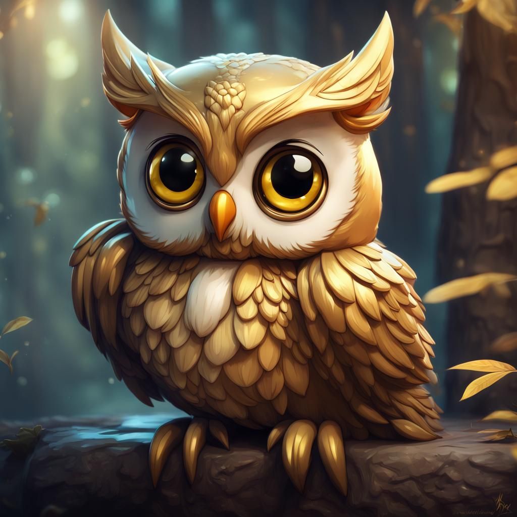 cute CHIBI GOLDEN OWL cute | BIG EYES | BIG Head | SITTING I...