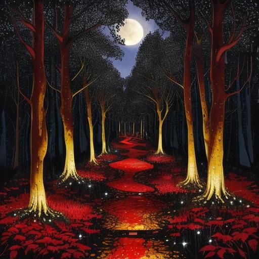Moonlit Forest Path in Alcohol Ink Style