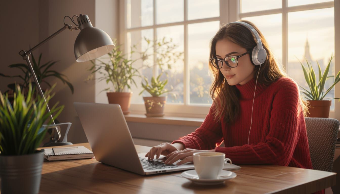 Woman Working on Laptop with Coffee in Detailed Matte Painti...