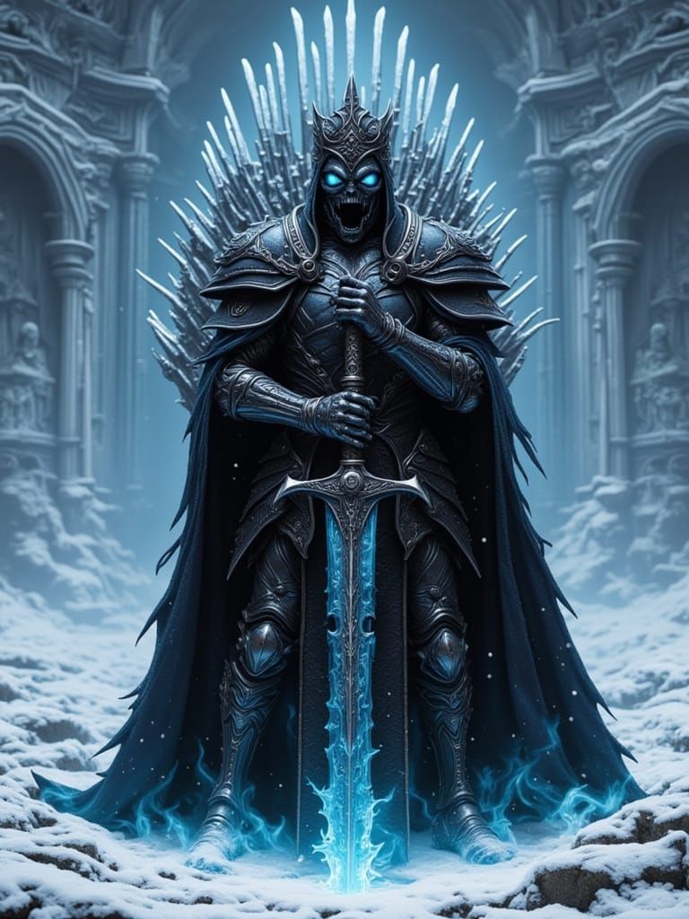 Gothic Wraith with Icy Sword in Snowy Landscape