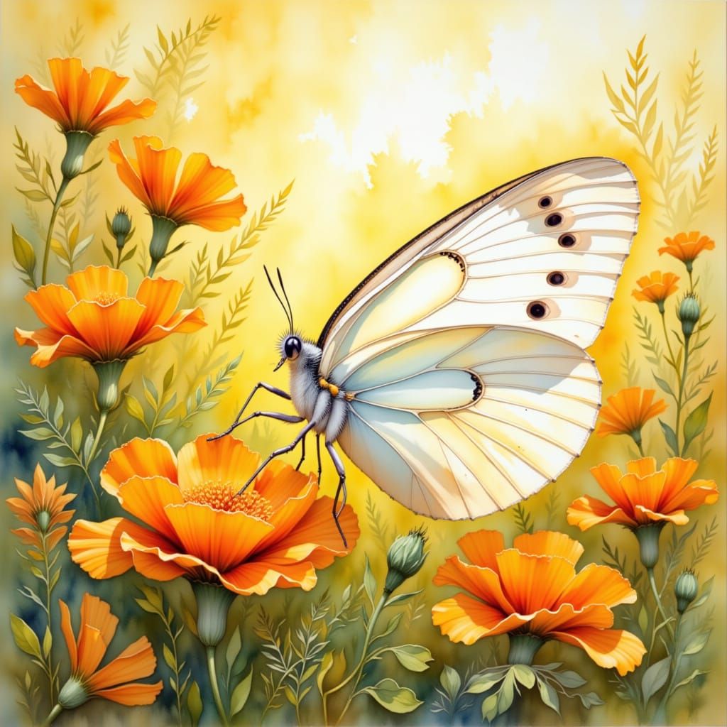 Butterfly and Marigolds in Gouache Impressionist Style