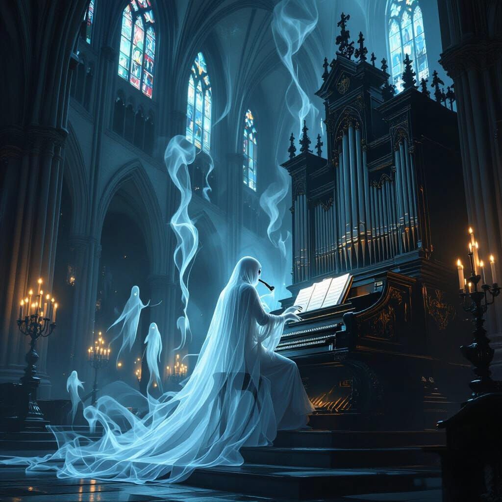 Ghostly Organist in Gothic Cathedral at Night