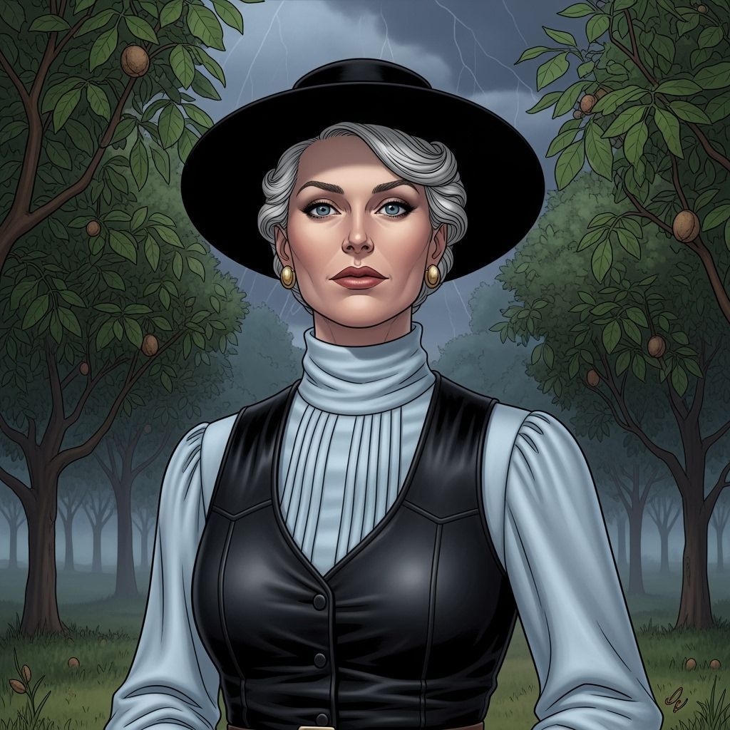 Comic Book Woman in Gaucho Hat on Stormy Day