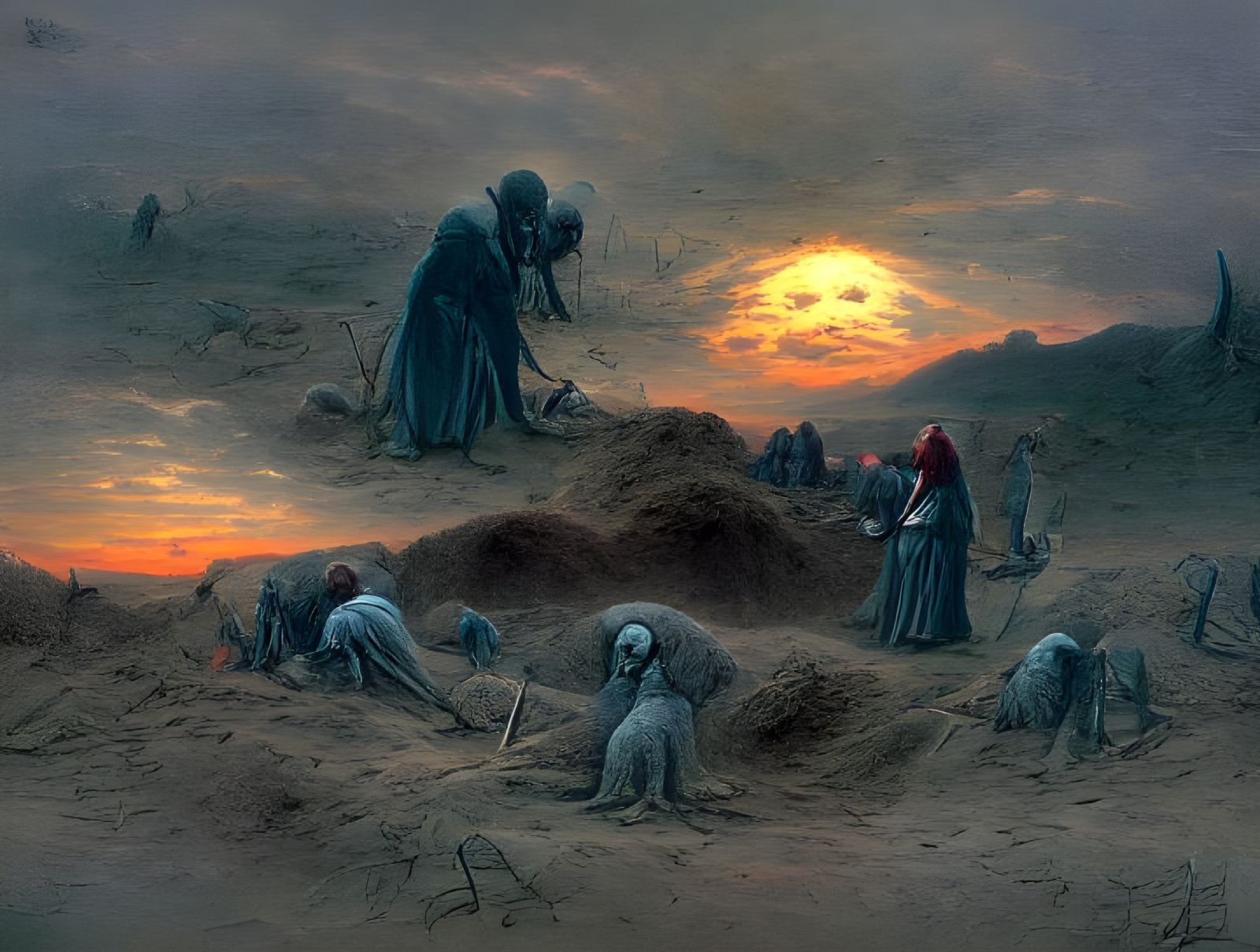 Gravediggers at Sunset: Evocative Engraving in Doré Style
