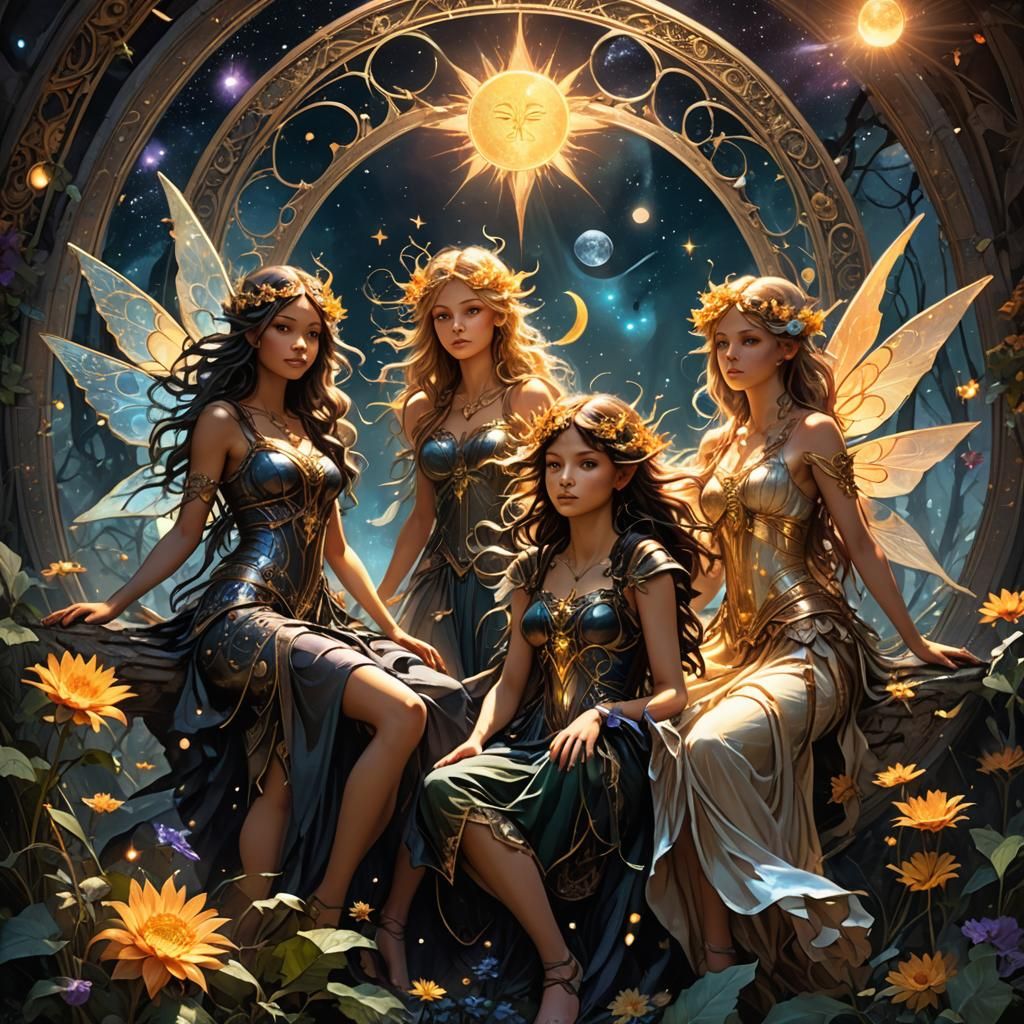 Sun Moon Star Fairies in Dark Fantasy Style
