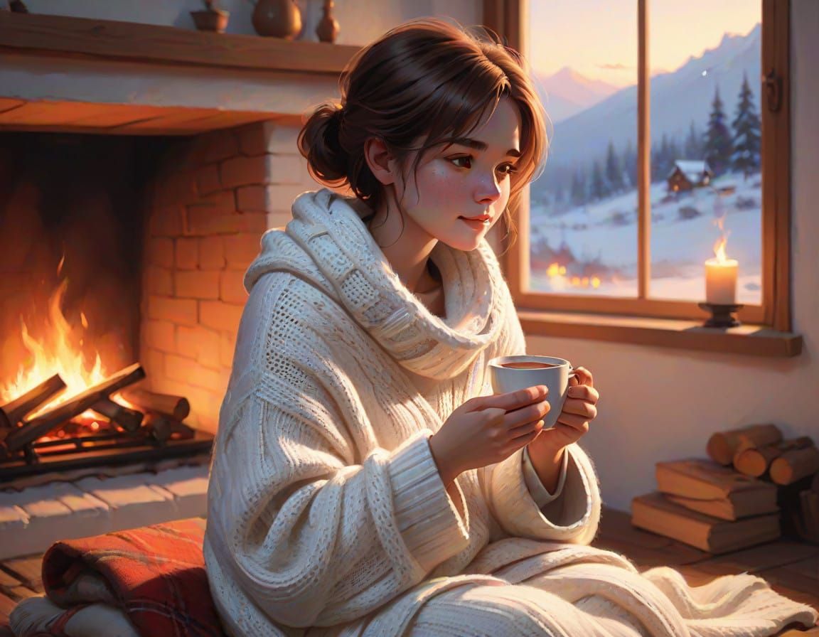 Whimsical Winter Scene in Cozy Illustrative Style